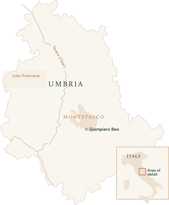 A map of Umbria, highlighting Giampiero's location within Montefalco